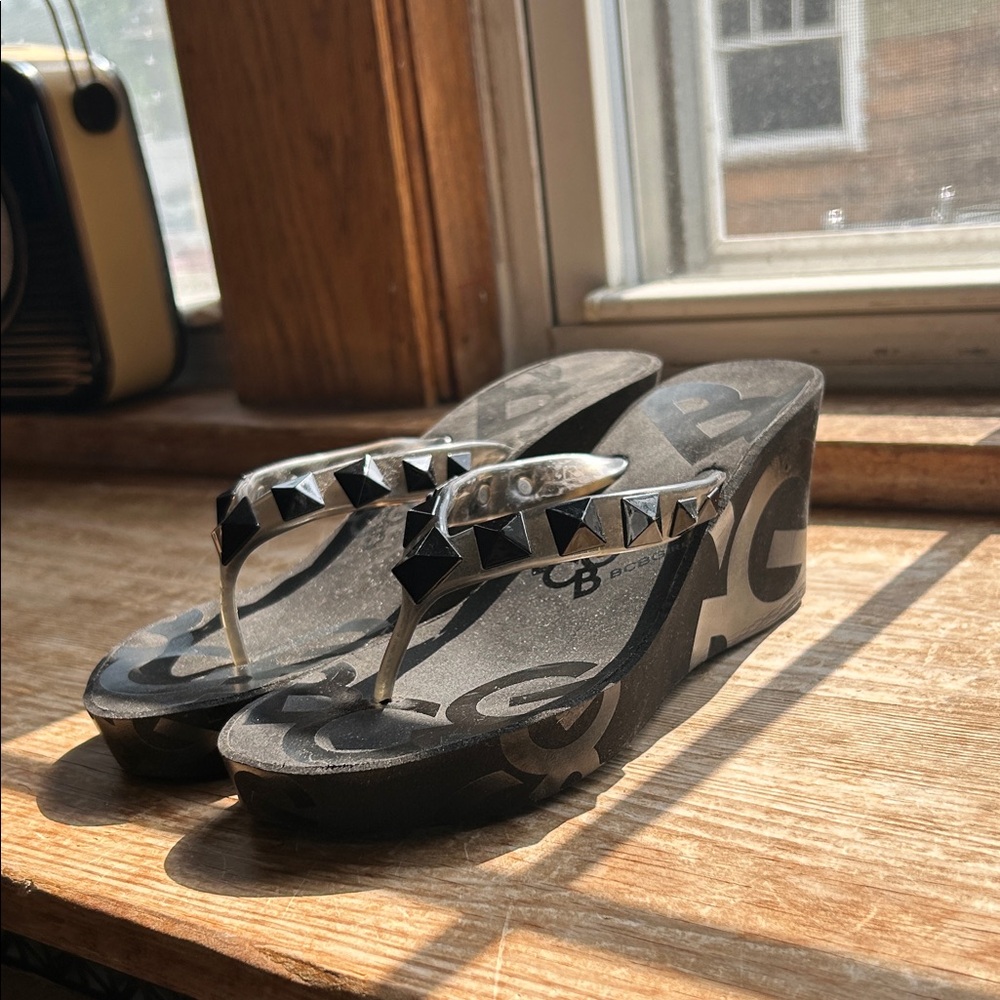 BCBGirls Black and Silver Wedge Sandals